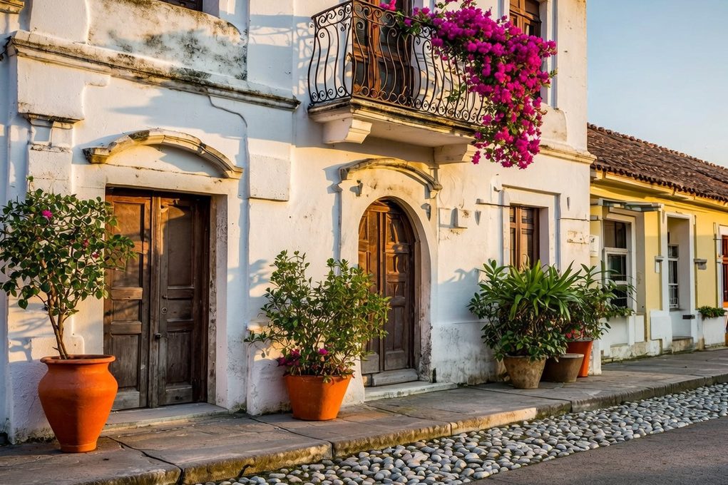A traditional Latin American building with a balcony adorned with flowers and plants.